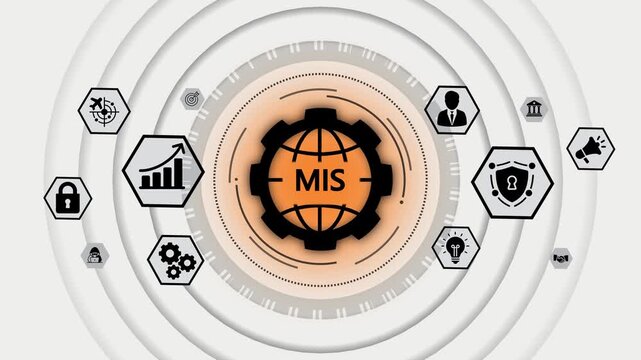 Global M I S management information system concept with business icons for strategy security innovation and growth
