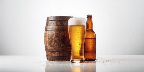 Old beer barrel with a beer glass and bottle, emphasizing traditional storage methods, Earth Day