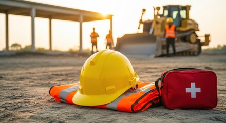Fototapeta premium Yellow hard hat and first aid kit resting on safety vest at construction site during sunset