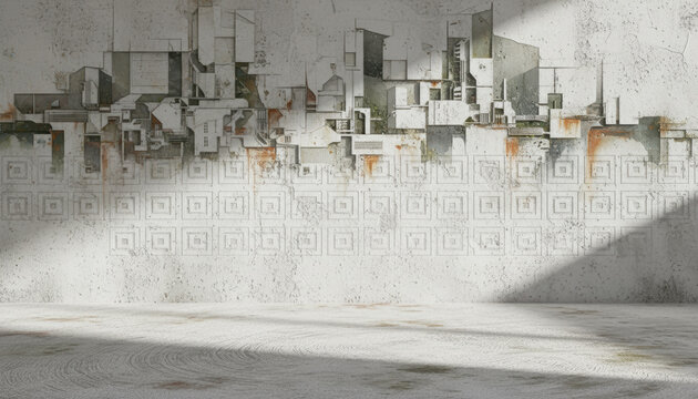 Abstract cityscape background with textured concrete wall and geometric floor pattern creating moody industrial atmosphere with soft sunlight and subtle rust accents Background Concept