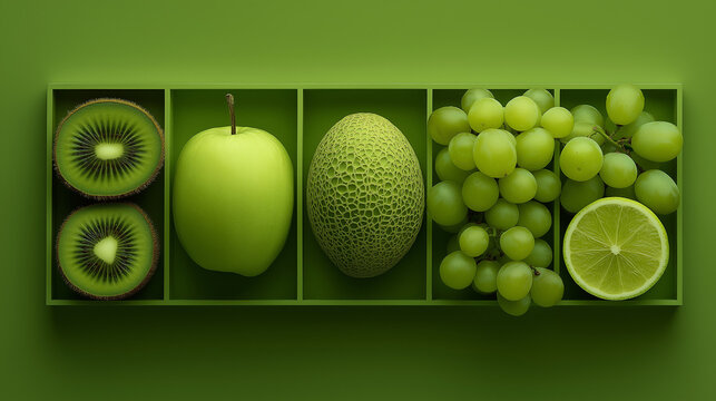 Fresh Green Fruits Assortment - Kiwi, Apple, Honeydew, and Grapes Healthy Food Composition