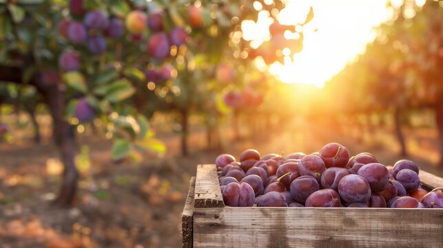 California Dried Plum Digestive Health Month: image of California plum orchard at golden hour, wooden crate filled with fresh and dried plums in foreground