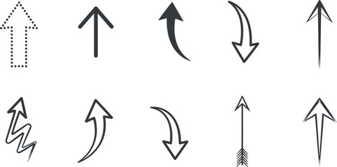 Arrow design collection, upward downward direction icons, black white vector set, graphic interface elements, curved zigzag stylized arrows
