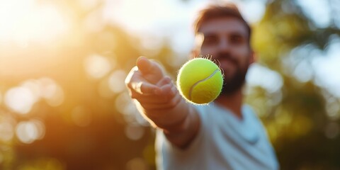 Dynamic Tennis Moment Skilled Player Serving the Ball at Dawn with a Beautiful Sunlit Background
