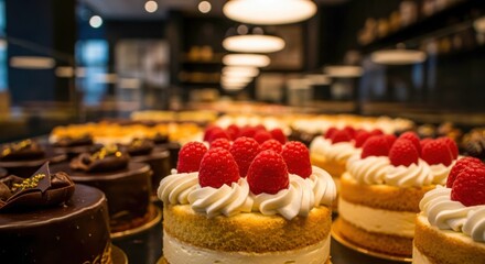 Assortment of delicious gourmet cakes and pastries displayed in a brightly lit bakery case