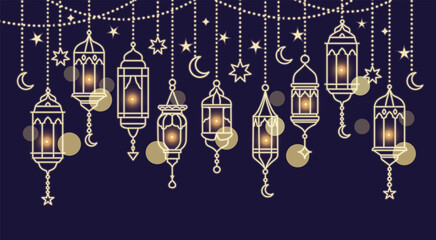 Illuminated arabic traditional Ramadan lanterns  with lights. Muslim lantern design for Ramadan Kareem holiday, with oriental garland and traditional Islamic elements