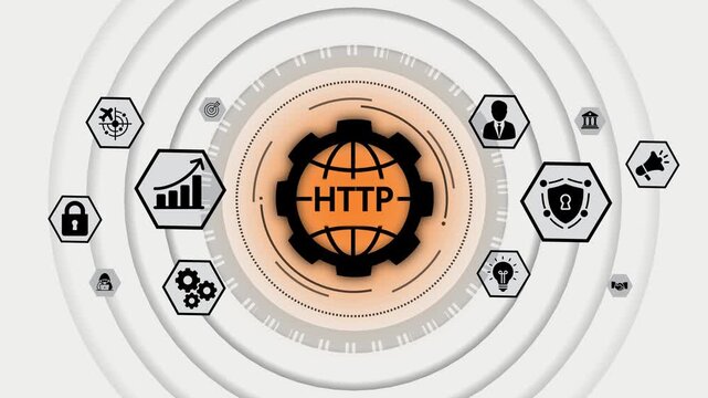 Digital network security and data protection concept with H T P globe gear and business icons for online safety and technology innovation