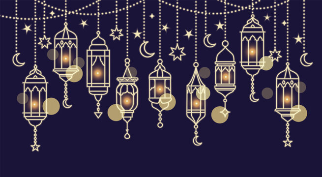 Illuminated arabic traditional Ramadan lanterns with lights. Muslim lantern design for Ramadan Kareem holiday, with oriental garland and traditional Islamic elements