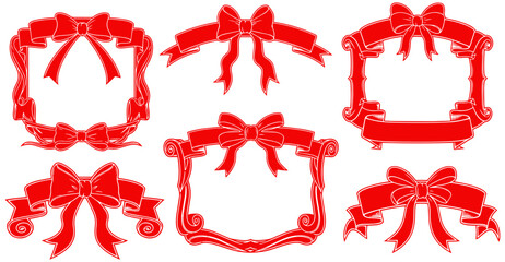 Festive red ribbon banners and frames for celebrations and announcements, graphic elements