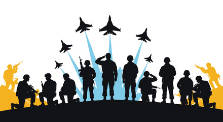 A patriotic military tribute silhouette with soldiers on the ground and a formation of fighter jets flying overhead.