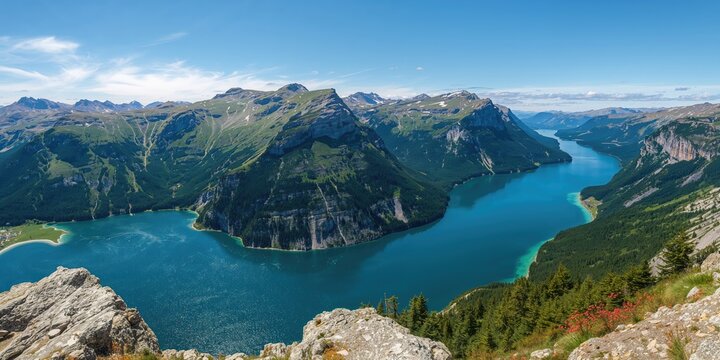 Ringedalsvatnet lake beneath Trolltunga in Norway, scenic natural landscape for tourism and outdoor activities