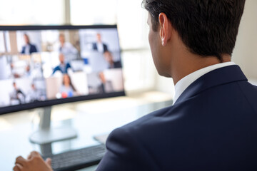 Senior businessman attending video call meeting with colleagues on computer screen in modern office environment, focused and professional atmosphere