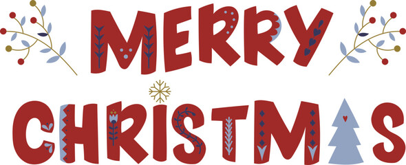 Merry Christmas greeting hand lettering. Holiday logo. Black handwritten inscription decorated with Christmas tree branches and star ornament. Greeting card template. Isolated on white background