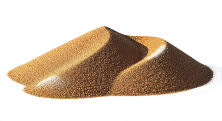 Artful sculpted pile of fine light brown sand forming gentle miniature dunes with soft lighting and smooth texture, isolated on pure white background, detailed close-up of natural sand contours and sh