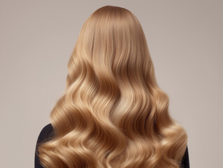 Fototapeta premium Woman with long shiny blonde wavy hair viewed from behind