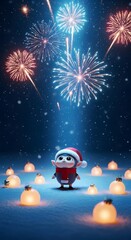 Fototapeta premium Cute Christmas Elf with Fireworks and Glowing Ornaments in Snowy Night, Holiday Celebration, Festive Season, Copy Space, Banner