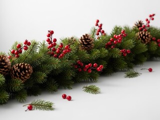 Closeup of a festive artificial christmas garland with green pine needles, red berry clusters, and natural pinecones against a bright white background