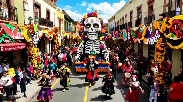 Procession Featuring Giant Skeleton Float in Colorful Celebration