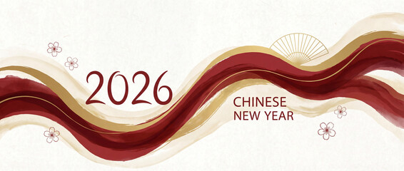 2026 Chinese New Year with Elegant Red and Gold Waves