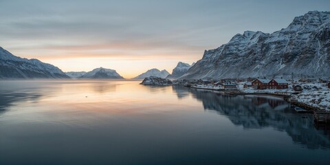 Sunrise over Reine Bay water with snow-covered mountains and winter landscape, ideal for nature photography