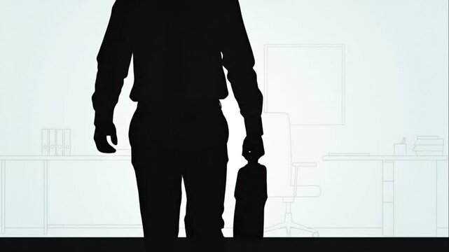Silhouette of an anonymous businessman with a briefcase walking away from an office, symbolizing a career change or departure