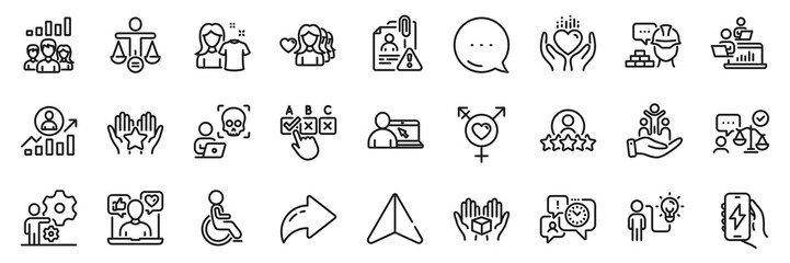 Inclusion, Genders and Ranking line icons pack. Share, Message, Paper plane icons. Correct checkbox, Hold heart, Disability web icon. Clean shirt, Build, Social media pictogram. Vector