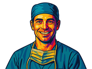 happy surgeon wearing teal scrubs and surgical cap, ideal for healthcare, medical, and hospital-related designs. Generative ai vector colorful pop art illustration.