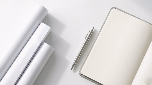 Minimalist white desk with blank blueprints and drafting tools, symbolizing future planning.
