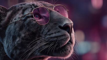 Neon reflections in the panther’s glasses create a mysterious, confident image of a fashionable nocturnal predator.
