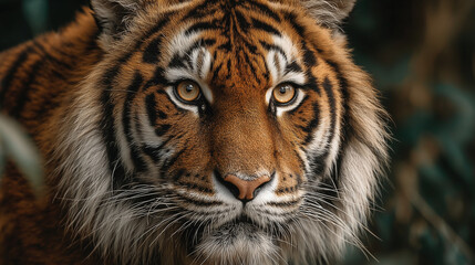 Obraz premium The tiger stares forward, embodying strength, wildness, and calm confidence of a predator hidden within forest shadows. 
