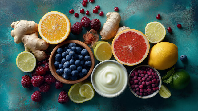 Immune System Boosting Foods: Healthy Nutrition with Citrus, Garlic, Ginger, Yogurt and Berries
