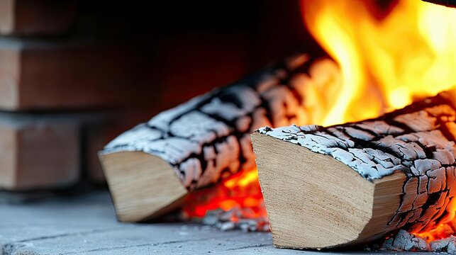 Close-up of burning firewood logs in a brick fireplace, with flames and embers, creating a warm and cozy atmosphere. - Powered by Adobe