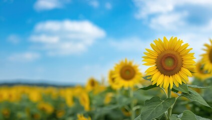 Fototapeta premium Blurred background of sunflowers in full bloom under a bright sky, emphasizing vibrant outdoor floral scenery for nature photography, Earth Day