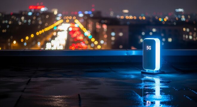 5G router glowing on a wet city rooftop at night with blurred city lights in the background. High-speed internet connectivity concept.