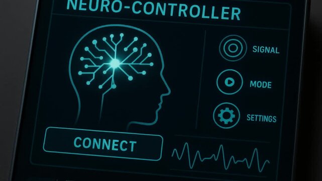 neurotechnology device concept. Neuro-controller interface with brain graphic and connectivity options.