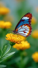 Obraz premium A colorful butterfly rests on a vibrant yellow flower in a natural outdoor setting on a sunny day.