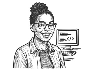 smiling woman with glasses coding on a laptop, ideal for tech, programming, or education themes sketch engraving generative ai fictional character vector illustration. Scratch board. Black and white.