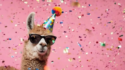 Cool llama in party hat and sunglasses amidst falling confetti on pink background - Powered by Adobe