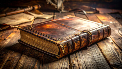 Richly textured antique leather book with ornate binding on a rustic wooden table bound