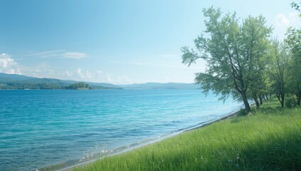 Grass shoreline of lake serving as a natural background for landscape photography, Earth Day