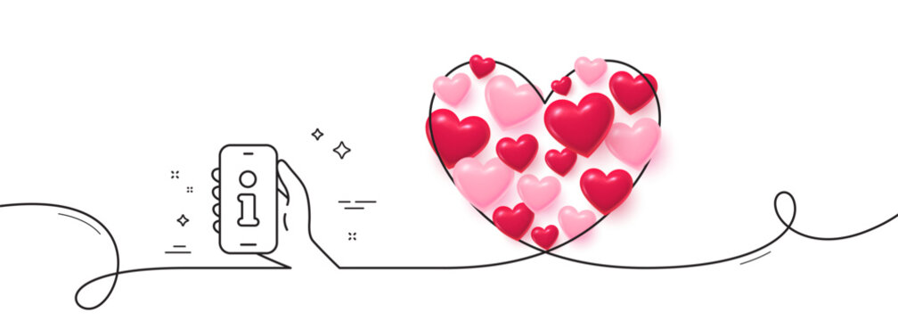 Support line icon. Continuous line big heart. Phone information sign. Smartphone info symbol. 3d hearts in heart shaped loop. Support single line ribbon. Loop curve pattern. Vector