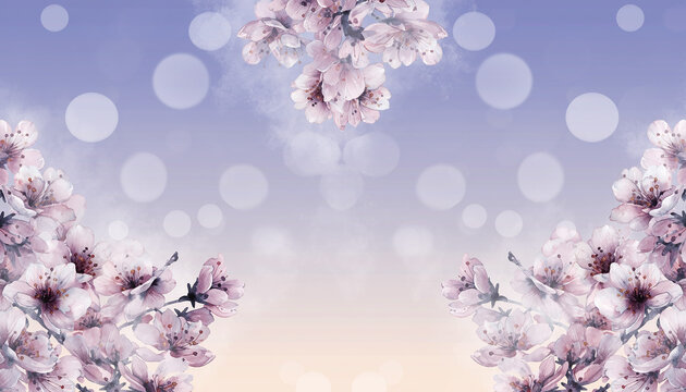 Soft focus pink cherry blossoms with bokeh and pastel gradient background pink flowers spring