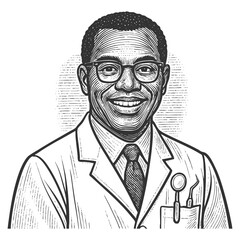 smiling male dentist in coat with dental tools, perfect for healthcare or clinic themes sketch engraving generative ai fictional character vector illustration. Scratch board. Black and white image.