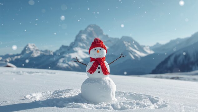 Snowman in mountain landscape, seasonal outdoor scene for winter holiday decoration