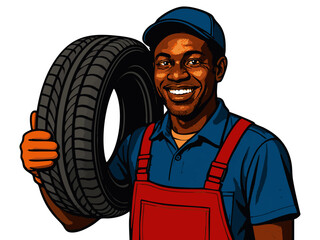 Tire Technician cheerful mechanic in uniform and gloves holding a car tire, ideal for automotive and repair themes. Generative ai vector colorful pop art illustration.