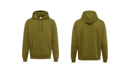 Olive green hoodie mockup displayed from front and back views perfect for design projects on transparent background