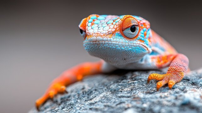 A vibrant chameleon with orange, blue, and white markings rests on a textured rock, with a neutral blurred background. The close-up shot highlights the reptile' - Powered by Adobe