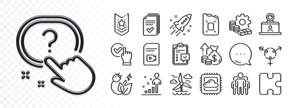 Handout, Puzzle and Checkbox line icons for web app. Glare of light effect. Message icon. Pack of Inflation, Stats, Group pictogram icons. Question button, Windmill, Startup rocket signs. Vector
