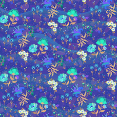 Emerald, white, and blue embroidered flowers on a complex wavy background. Seamless floral embroidery. Beautiful fabric print 