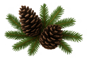 Pine cones and green fir branches transparent background